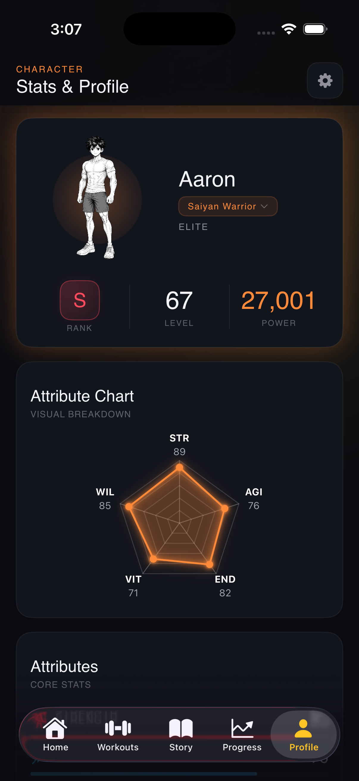 AniGains Profile - RPG stat radar chart